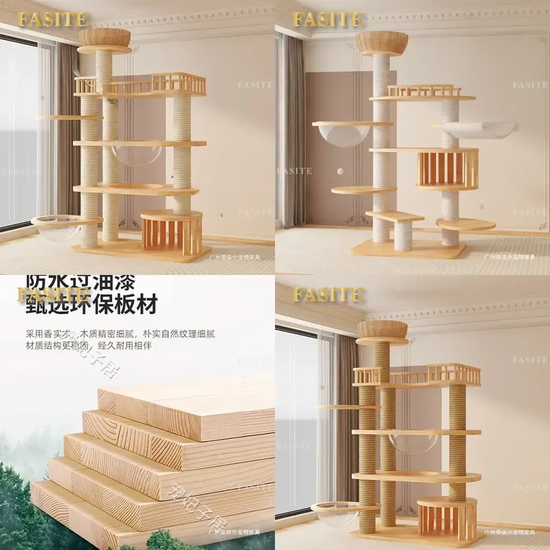 For Cat Tree Climbing Frame Solid Wood Large Integrated Luxury Nest Small Footprint No Assembly Maine Coon Furniture