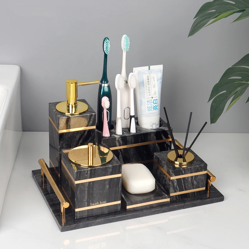 Tree Black Natural Marble Kit Bathroom Gold Luxury Soap Dispenser Cotton Swabs Container Soap Dish Bathroom Accessories Sets