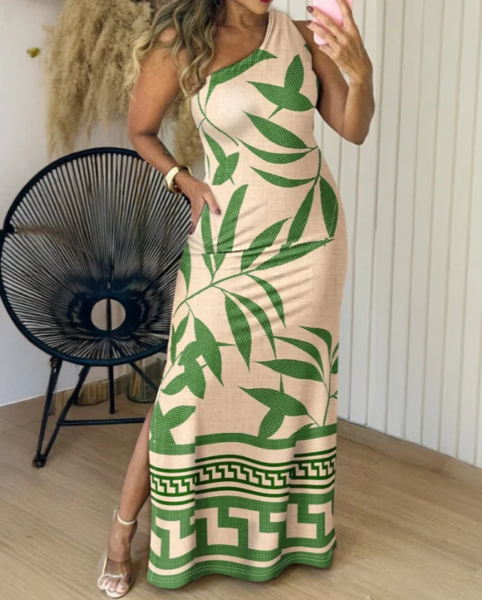 

Plant Geometric Print Single Shoulder Sleeveless Vacation Dress for Summer Elegant Women, Side Slit with Pocket Long Dress