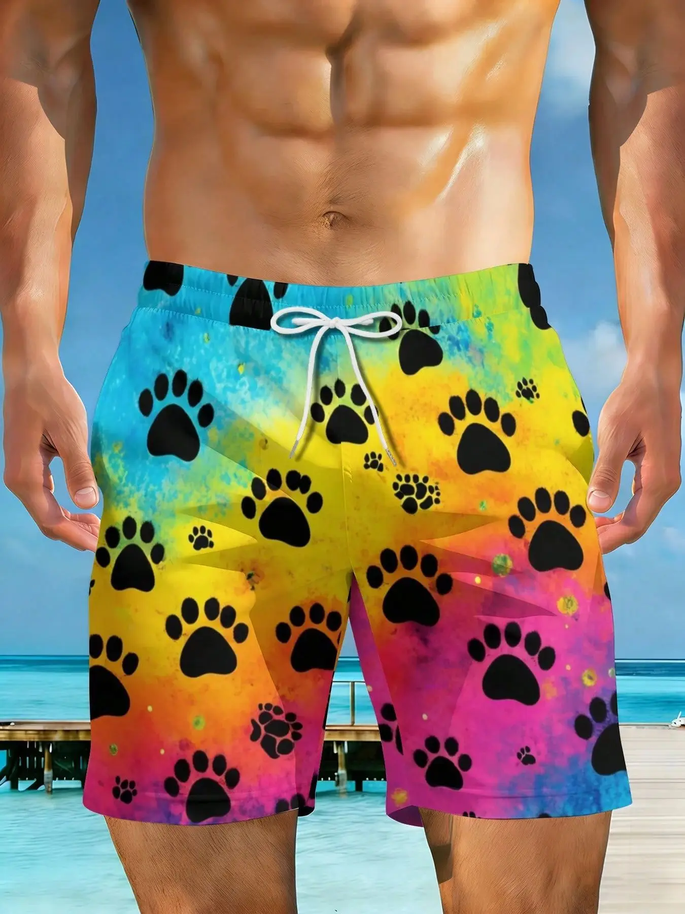 

2026 Summer New Styles Colorful Background With Black Paw Prints Plus Size Men's Casual Beach Shorts Suitable For Summer Outings And Beach Vacations Surfing And Relaxation Activities