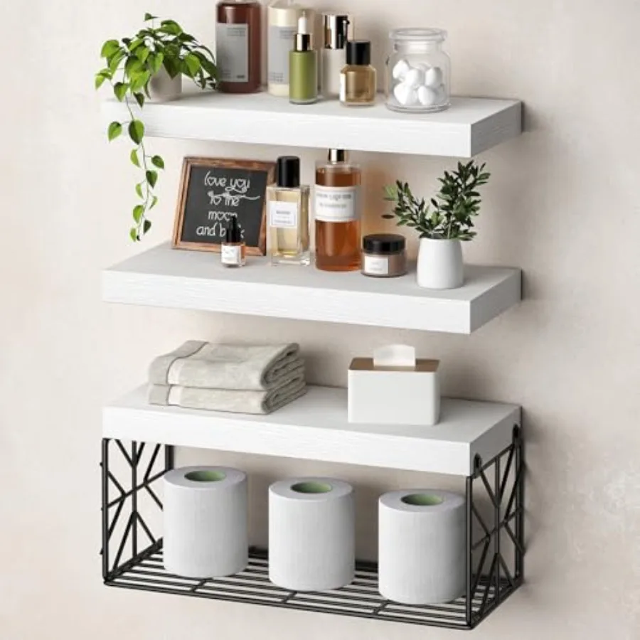 

Bathroom Shelves Over Toilet Set of 3, 15.7" White Floating Shelves for Wall Storage, 1.5" Thick Hanging Shelf, Farmhouse Wall