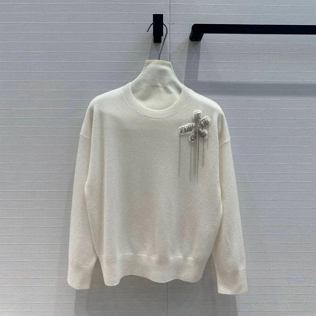 

2024 New Autumn Fashion 100% Cashmere Knitted Pullover Women O-neck Long Sleeve Beading 3D Butterfly Casual Soft Sweater