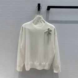 2024 New Autumn Fashion 100% Cashmere Knitted Pullover Women O-neck Long Sleeve Beading 3D Butterfly Casual Soft Sweater