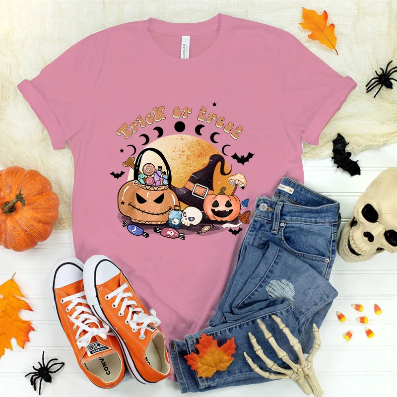 (Premium T-shirt)New Hot Halloween Trick Or Treat Print T-Shirts Women Summer Casual T-Shirts O Neck Short-Sleeved T-Shirts tops