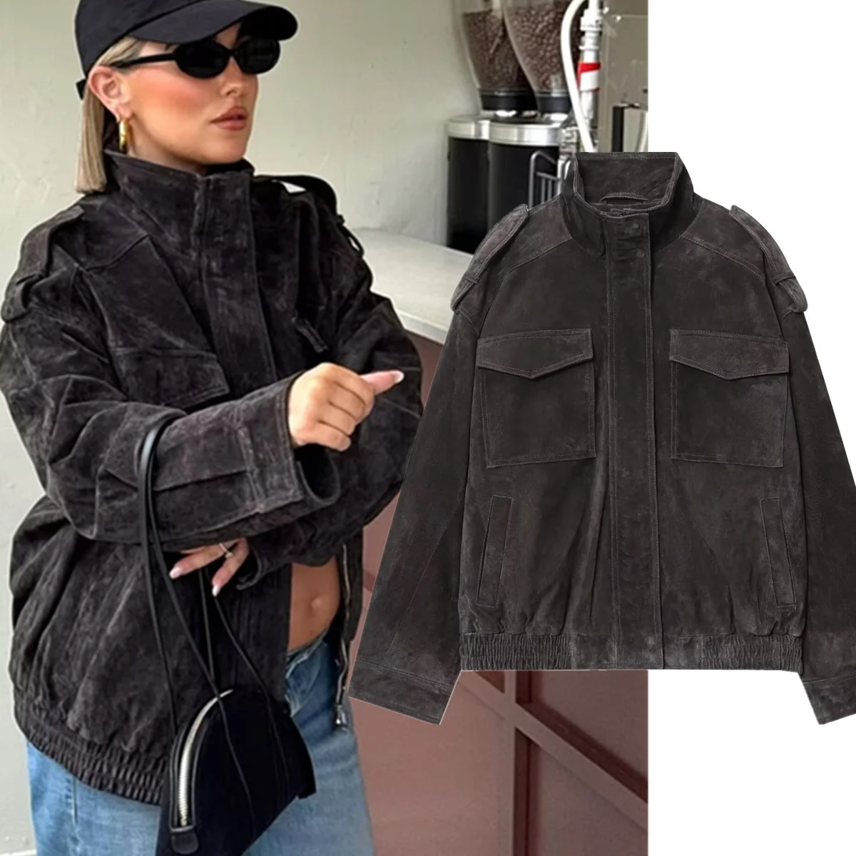 

Jenny&Dave Autumn Women's Casual Jacket Nordic Minimalist Solid Vintage Suede Jacket Loose Bomber Jacket Women Winter Coat