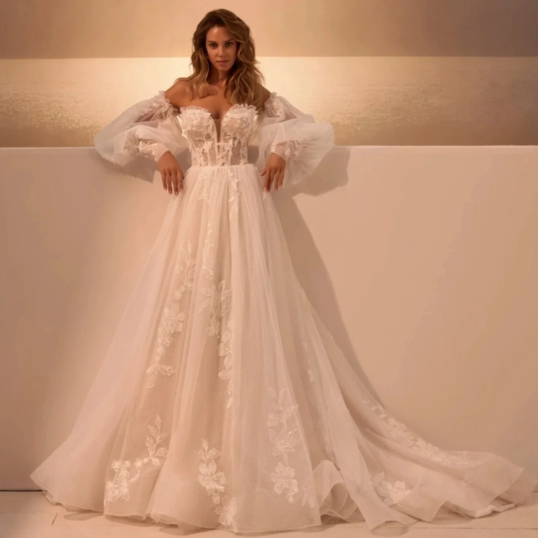 

Vintage A Line Tulle Wedding Dresses Lace Bodice Bride Boho Vestido de Novia Hand Made Appliques Evening Dress Customized