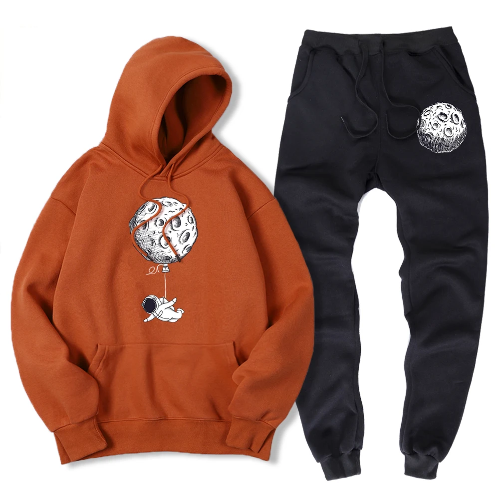 Ensemble de 2 pièces pour homme, sweat-shirt à capuche + pantalon, ample et décontracté, ballons volants et lune, chaud, à la mode, drôle, hiver