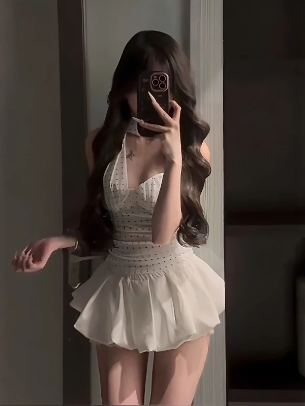 

Polka Dot Mesh Halter Top And Skirt Set Women's Summer Slimming Fluffy Two Piece Set Short Sleeve V Neck Spicy Girl Style