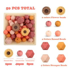 50Pcs/Set Flower Silicone Beads Set Hexagon Round Focal Loose Beads DIY Necklace Keychain Pendant Accessories For Jewelry Making