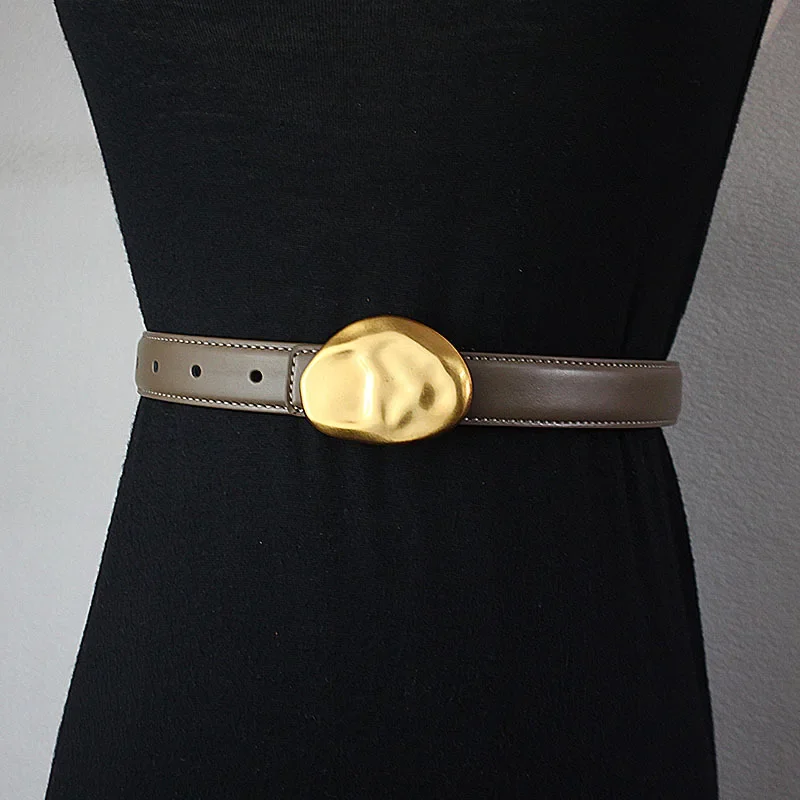 

Женский новый ремень с золотой пряжкой, повседневный, из натуральной кожи, для джинсов, в корейском стиле, модный узкий ремень из воловьей кожи