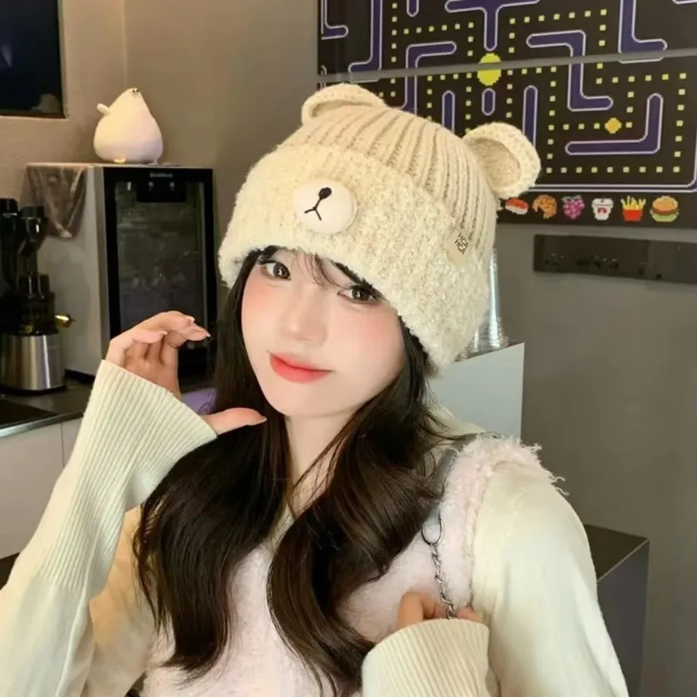 

Cute Double-Layered Edge Bear Ear Hat Keep Warm Y2K Knitted Hat Ear Protection Protective Ear Cover Autumn Winter