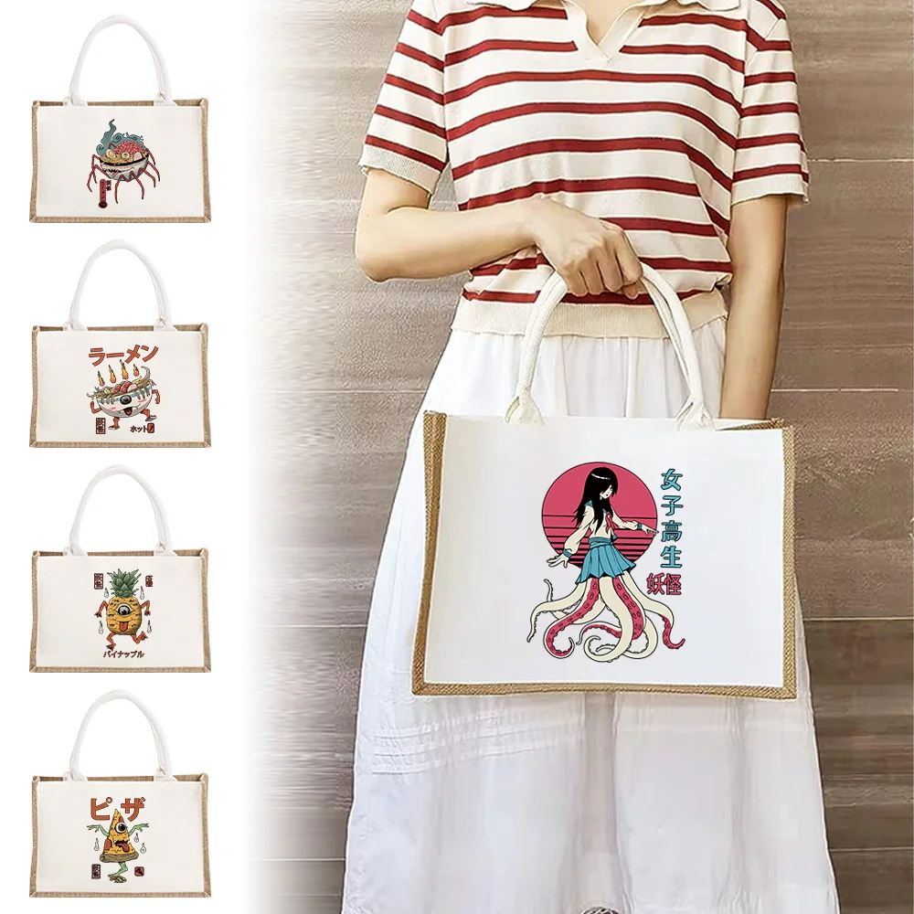 Beach Burlap Canvas Tote Bags Cute Monster Print Personalized Bridesmaid Bridal Party Trip Gifts Canvas Jute Tote Shopper Bags