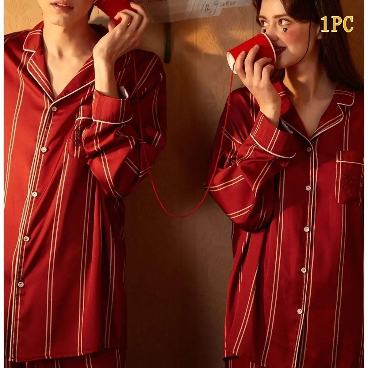 2024 Spring New Silk Stain Couple Pajamas Set Red Striped Long Sleeves Pants Two Pieces Home Clothing Men Women Wedding Nighties