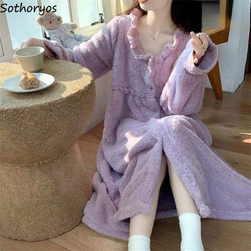 

Winter Purple Robes Women Thick Warm Home Long Sleeve Sleepwear Cute Girls Coral Fleece Midi Nightdress Bathrobe Leisure Cozy