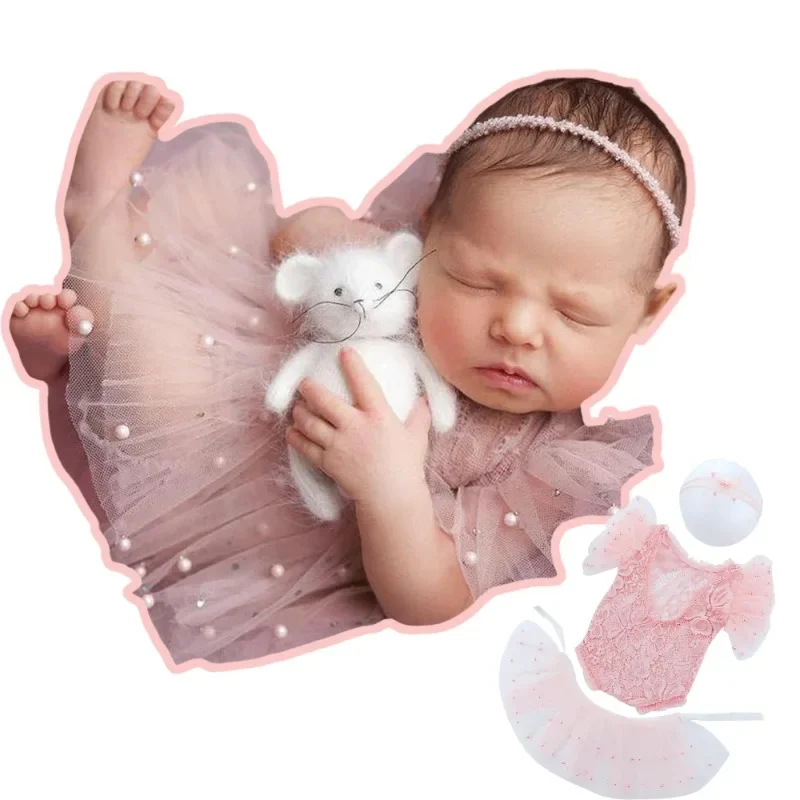 Baby Girl Princess Costumes Newborn Photography Clothing Cute Lace Patchwork Poncho Skirt + Pearl Hairband Infant Photo Outfits