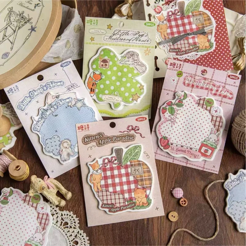 Kawai Stationery 30 Pieces of Retro Colored Patchwork Student Memo and Message Paper with Sticky Notes Office Accessories Lovely