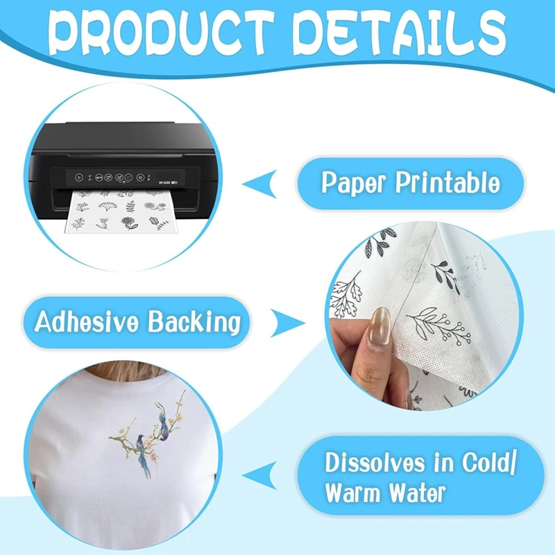 15PCS A4 Water-Soluble Self-Adhesive Embroidery Stabilizer - Printable, For Hand And Machine Embroidery,For DIY Projects