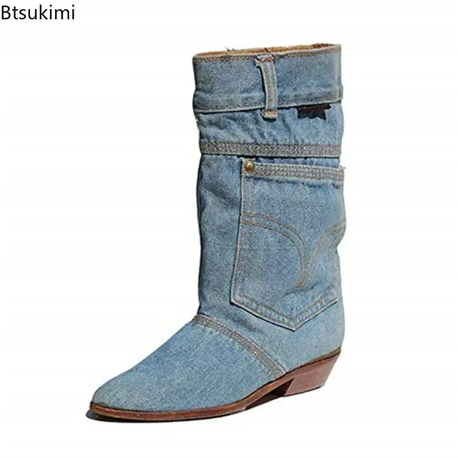 New 2024 Women\'s Denim Mid Calf Boots Low Heel Casual Short Boots Female Jeans Leather Pointed Toe Cowboy Boots Big Size 34-43