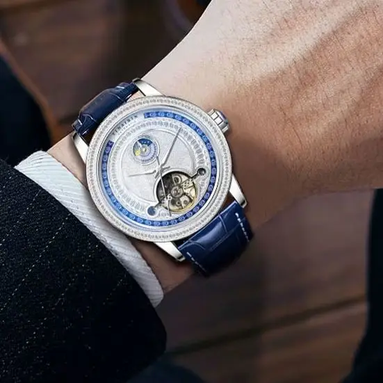 Tourbillon Diamond Sapphire Men's Watches Automatic Leather Strap Sapphire Luxury Top Mechanical Wristwatches