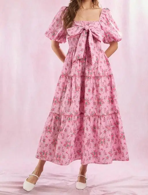 Nuovo abito da donna a maniche corte a trapezio casual estivo con stampa floreale collo quadrato abito da festa con fiocco grande per cocktail streetwear SML