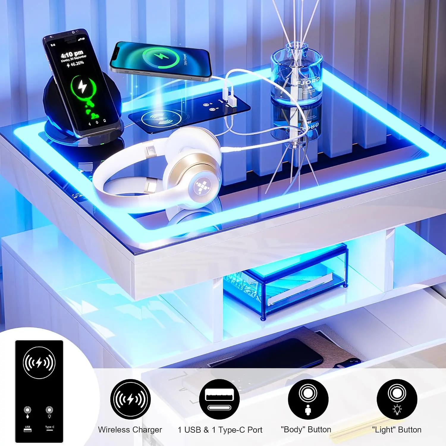 LED Nightstand with Charging Station (USB,Type-C Ports) High Gloss Bedside Table with 2 Drawers, Smart Night Stand, Customized