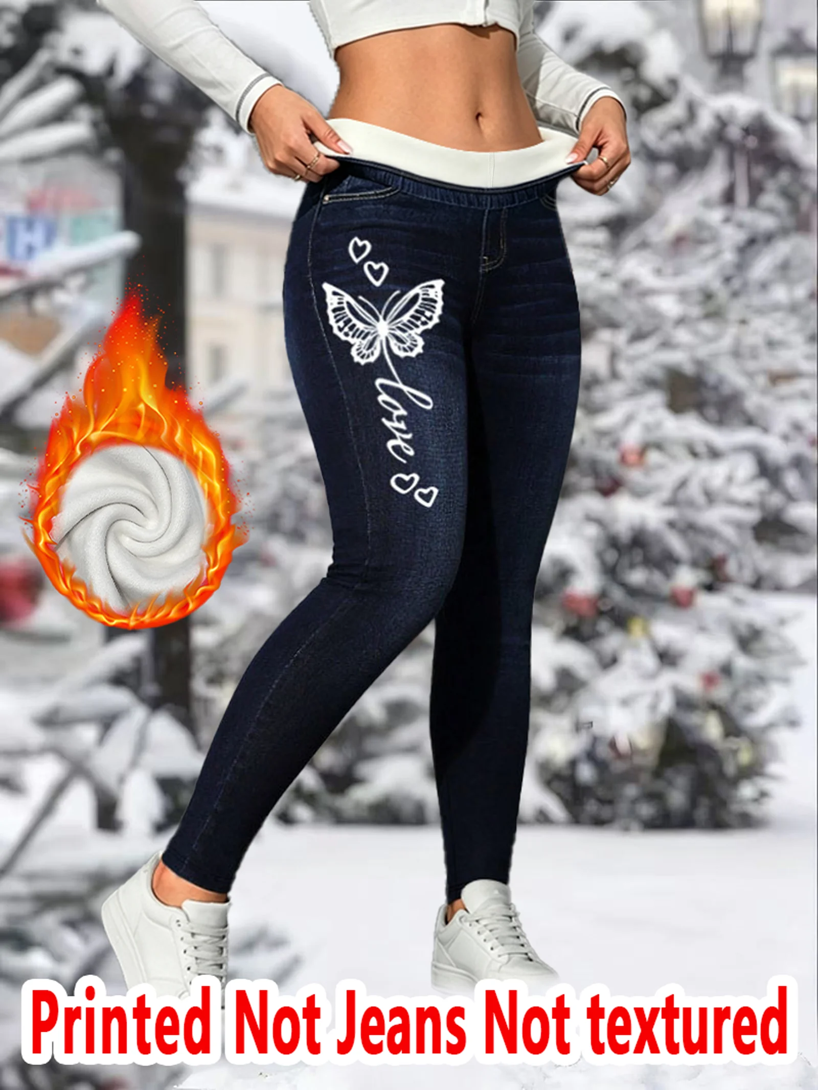 8527  Women's Faux Denim Print Tight Pants Micro Fleece Slim Fit Autumn Winter Base Layer Trousers Non- Denim Fabric Textureless
