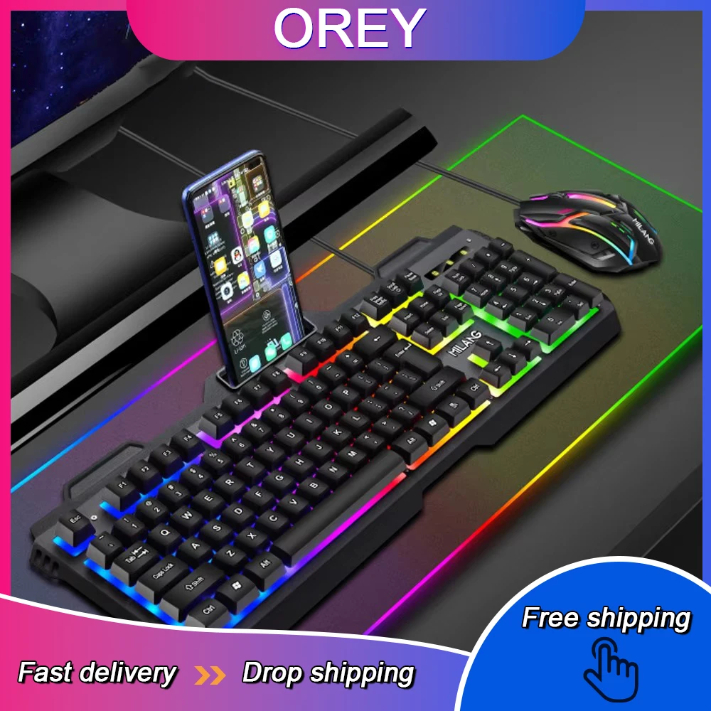 Mechanical Feel Wire Gaming Keyboard Mouse Set USB RGB Colorful Luminous Keyboard Mice for PC Gamer Computer With Phone Holder