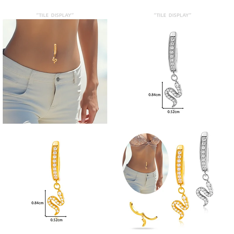 1PC G23 Titanium Zircon Snake Pendant Piercing Belly Button Ring Reverse Curved Navel Ring Barbell Piercing Navel Body Jewelry