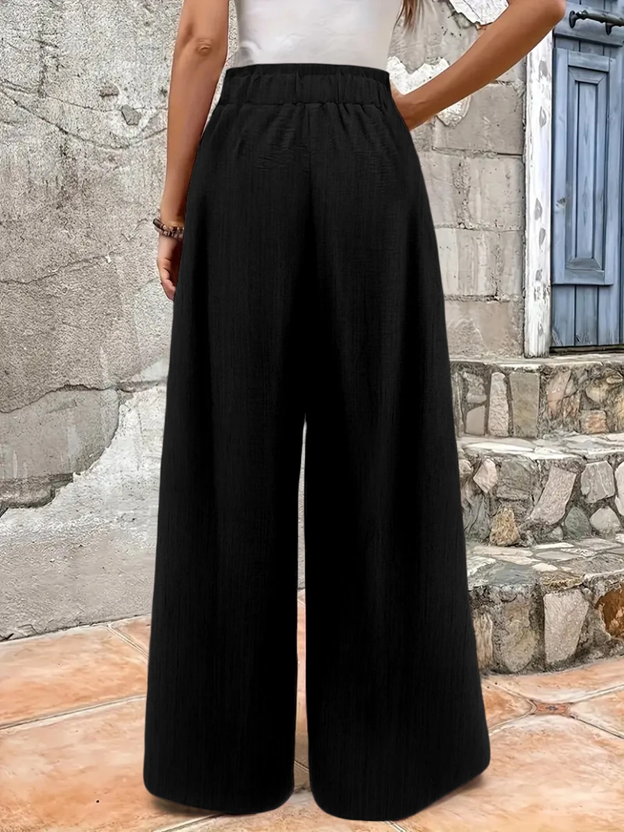Herbst Winter Damen Hose mit Hoher Taille und Geradem Bein Lässige Weite Hose mit Kordelzug Elastischer Bund und Taschen Einfarbig – Detail 2