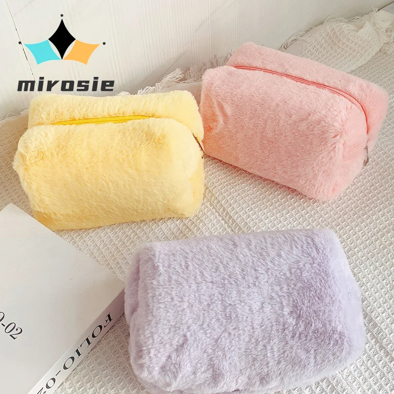 MIROSIE-Small Makeup Bag for Women, Cosmetic Bag, Cute Travel Toiletry Bag, Fuzzy Makeup Brushes Storage, Zipper Pouches