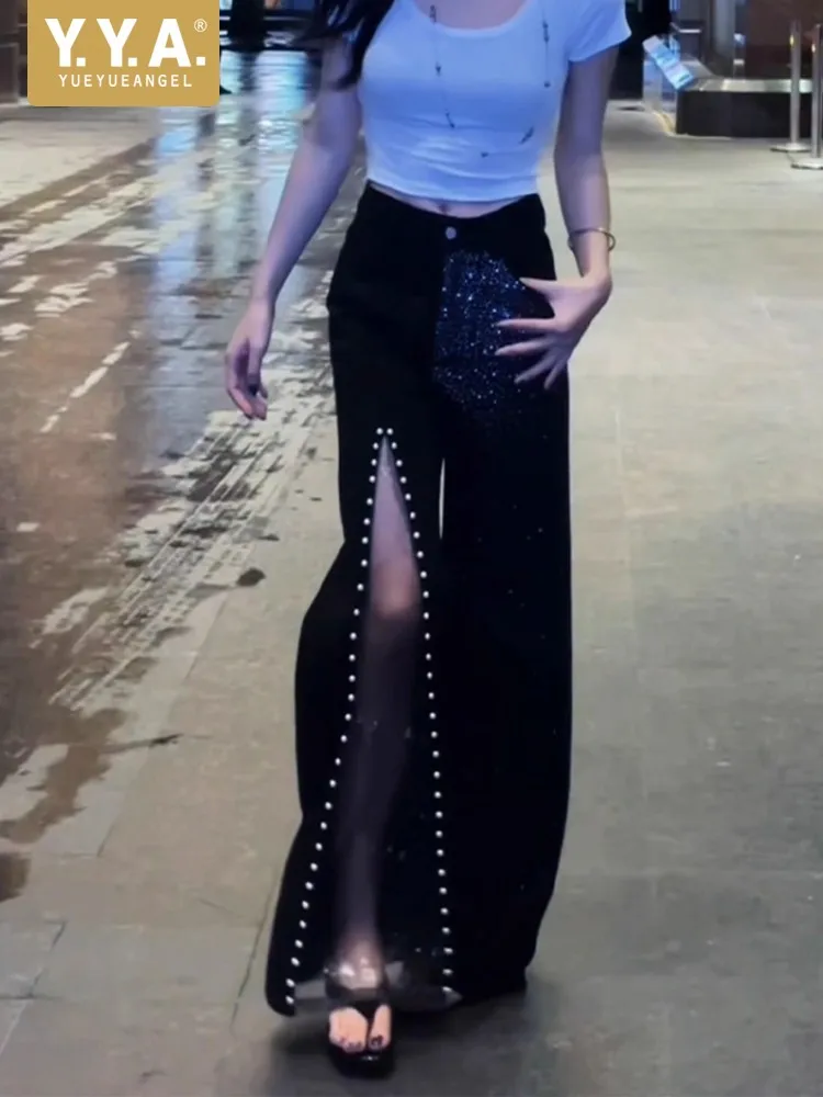 Korean Style Fashion Lace Patchwork Diamond Shiny Women Jeans Loose Fit High Street Straight Full Length Wide Leg Denim Trousers