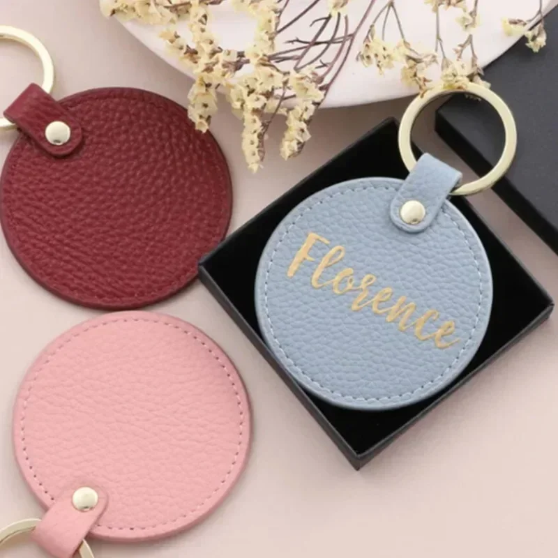 

Round Lychee Patterned Custom Logo PU Leather Keychain Personalize Name Number Keyring Laser Engrave Bag Accessory Key Chain