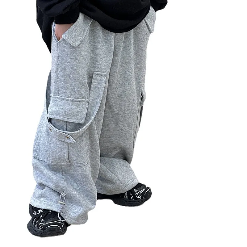 

2026 New Boys Korean Style Solid Knitted Overalls Spring Autumn Fashion Casual Comfortable Trousers For Big Kids Teen Boys