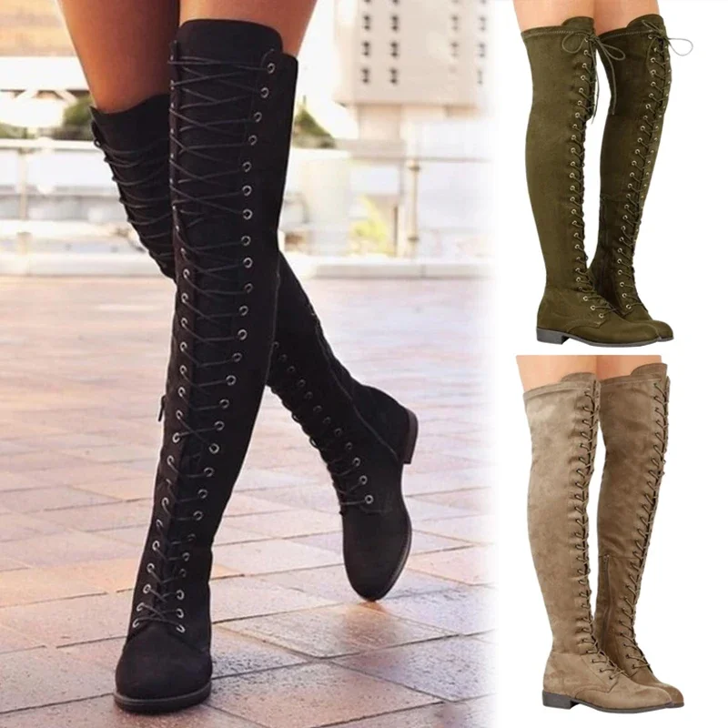 Fashion Women Cross Strap Suede Leather Boots Autumn Winter Knee High Boots Lady Thick Sole Platform Boots Over The Knee Boots