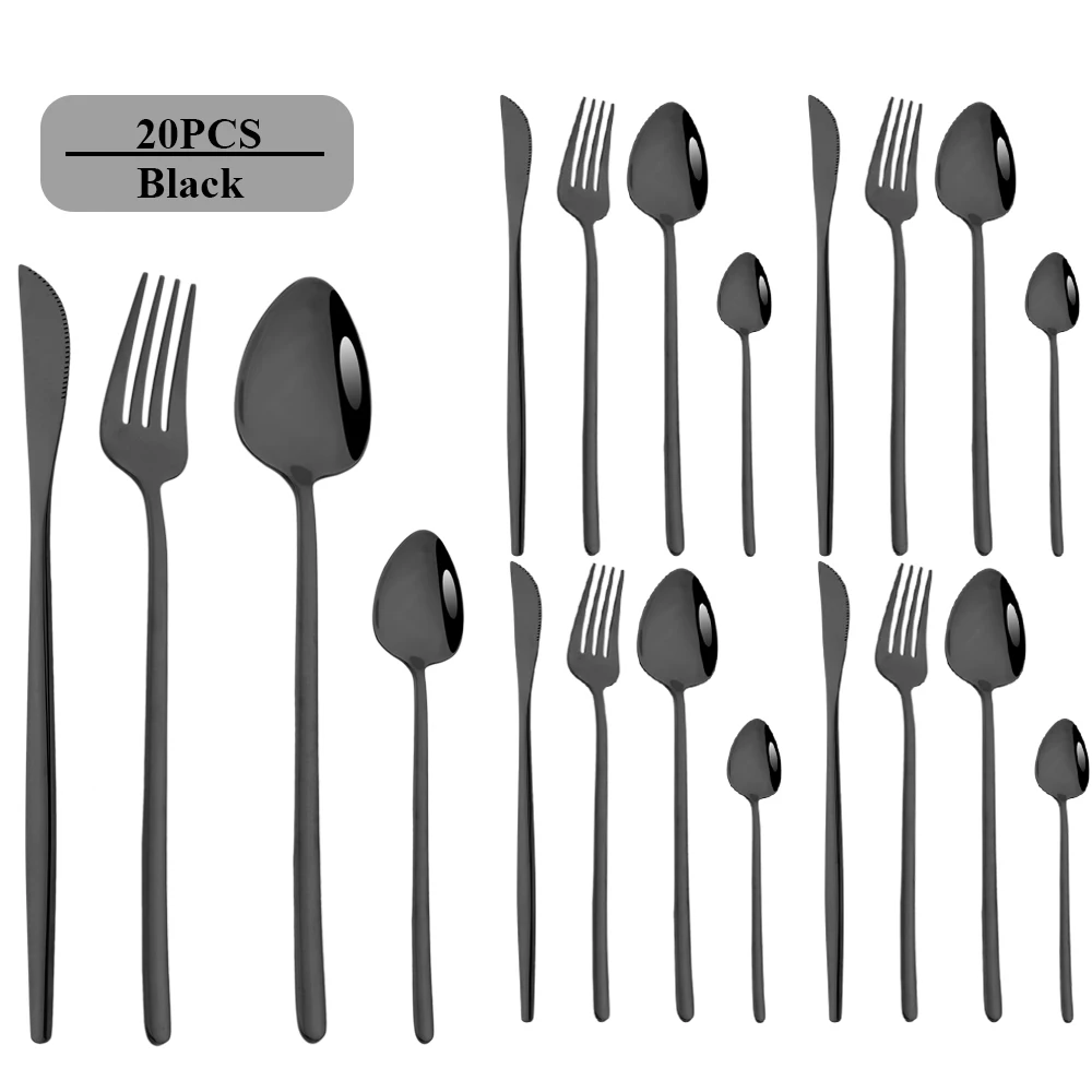 20Pcs Black Dinnerware Set Stainless Steel Tableware Set Knife Fork Spoon Flatware Cutlery Set Mirror Western Silverware Set