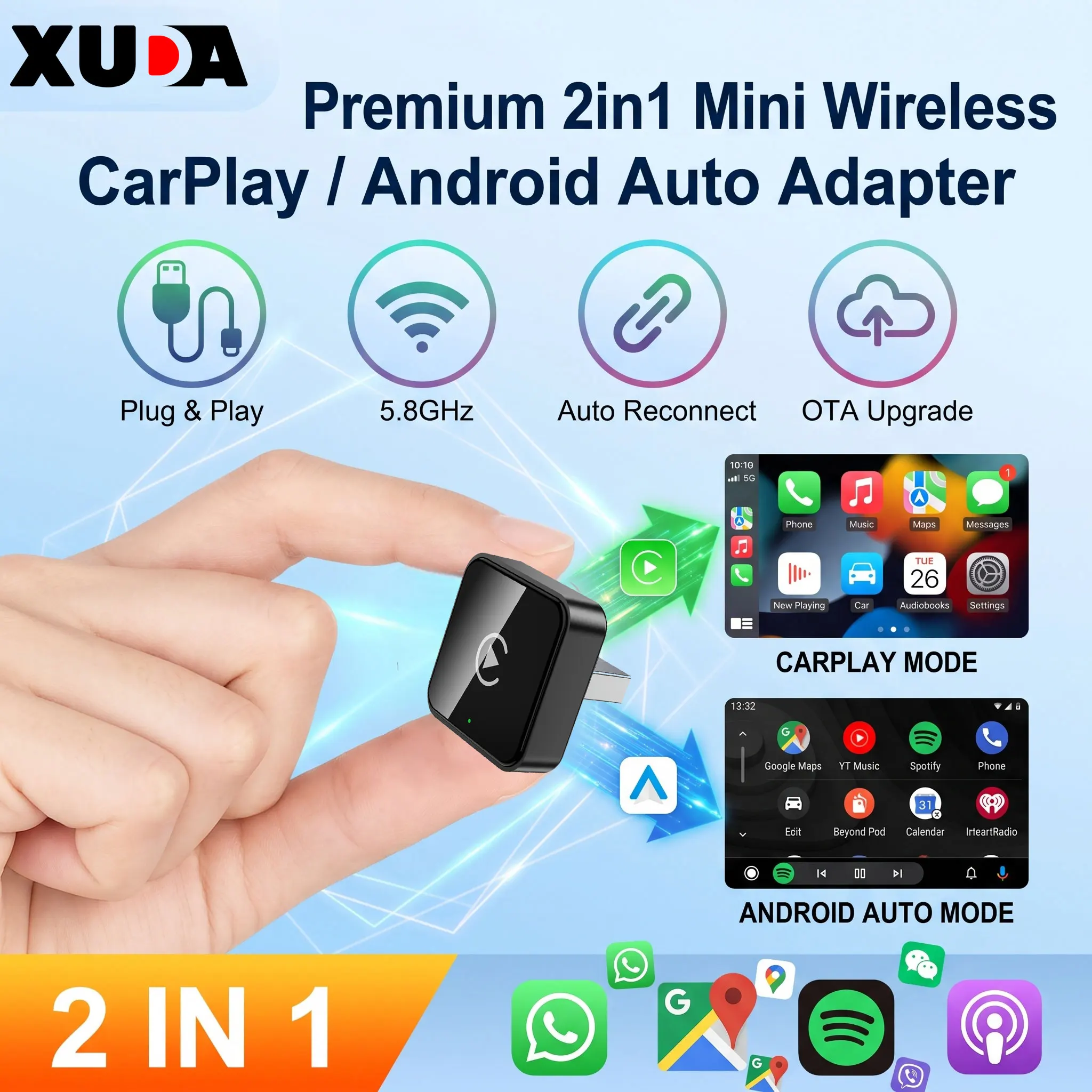 Mini 2 In 1 CarPlay Wireless Adapter, Universal Android Auto Dongle for Car Entertainment System, Portable Lightweight Durable M