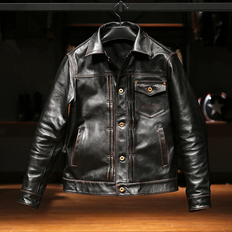 New High quality genuine leather clothings Korean style tea core men's vintage Lapel single thicken cowhide jackets