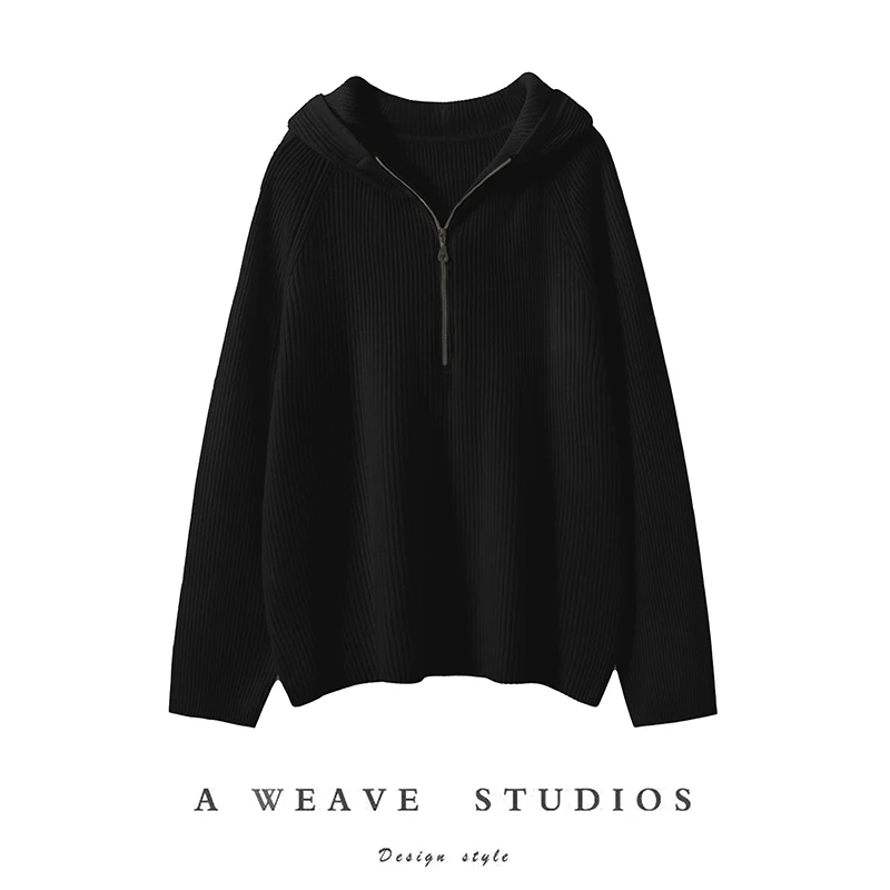 Women's 100% Cashmere Sweater Pullover Hooded Half‑Zip Placket All‑Over Vertical Ribbed Texture Soft Casual Daily Ready Knit Top