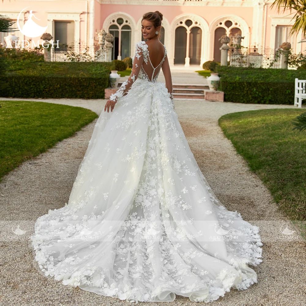 Suknie ślubne Aedmgh Syrena Dekolt V Długi Rękaw Vestido De Novia Koronkowe Kwiaty Odpinany Tren Sexy Szyte na Miarę Robe De Mariee