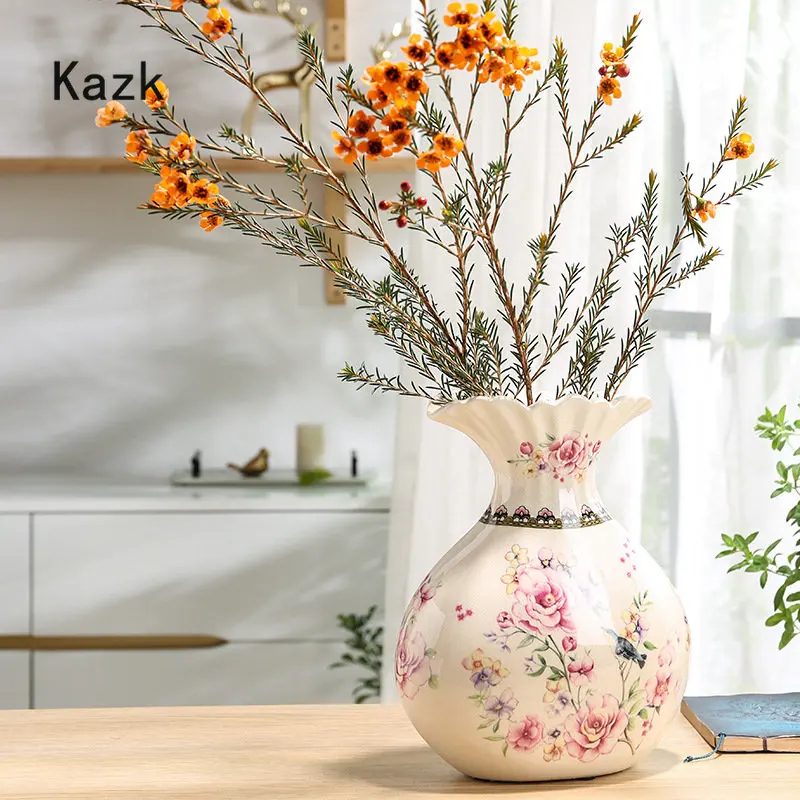 Creative Ice Crack Ceramic Vase American Style Color Painting of Plant Patterns Crafts Ikebana Vase Home Living Room Decoration