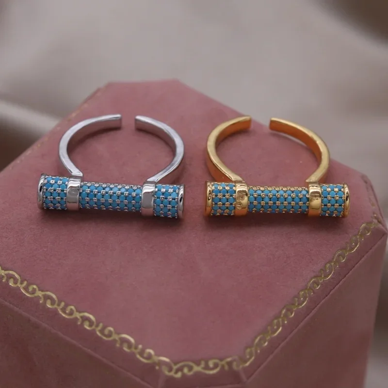 韓国の新しいデザインのファッションジュエリー 18 K ゴールドメッキブルーストーンポストオープンリングエレガントな女性の日常仕事アクセサリー 1