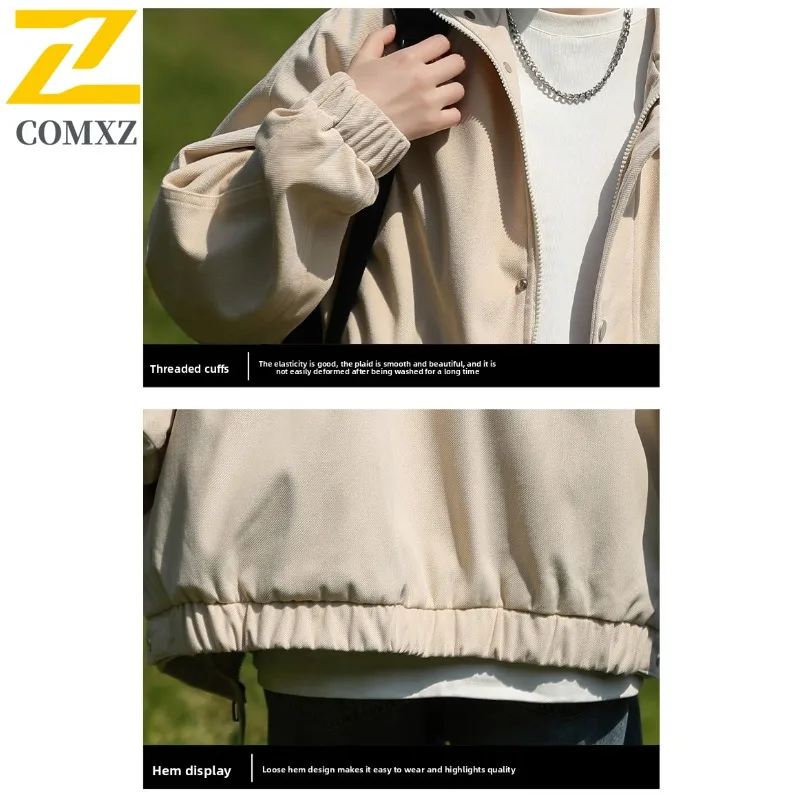 COMXZ 2023 Mens Trendy Jacket Spring Autumn Casual Coat Fashion Solid Color Stand Collar Outerwear Lightweight