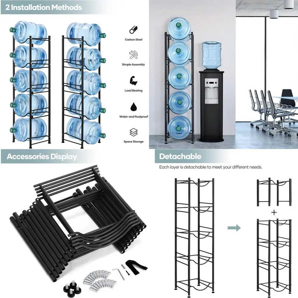

5-Tier Durable Water Cooler Rack with Detachable Dispenser Stand and Bottle Holder in Black
