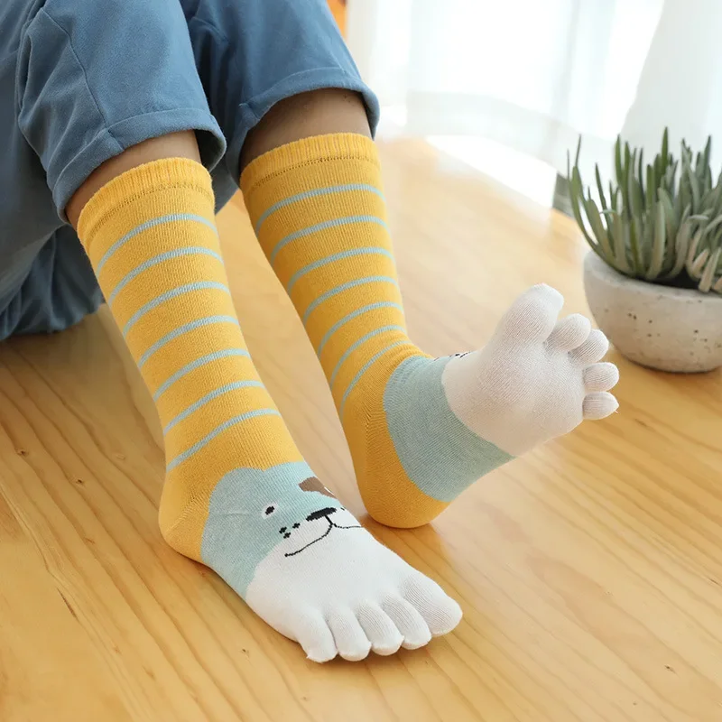 Cute Boys Girls Five Fingers Toe Socks Kids Cartoon Animals Printed Striped Cotton Calf Socks Stocking