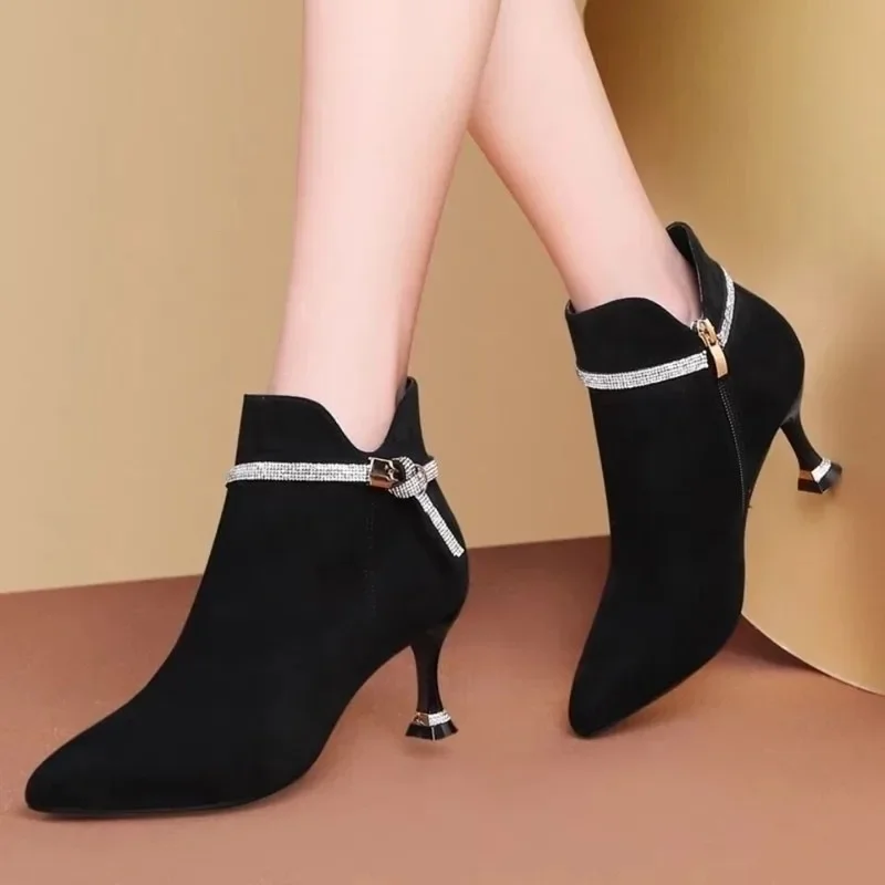 Female High Heels Shoes Temperament Suede Pointed Toe Stiletto Pumps Elegant Short Boot Fashion Luxury Crystal for Women Autumn