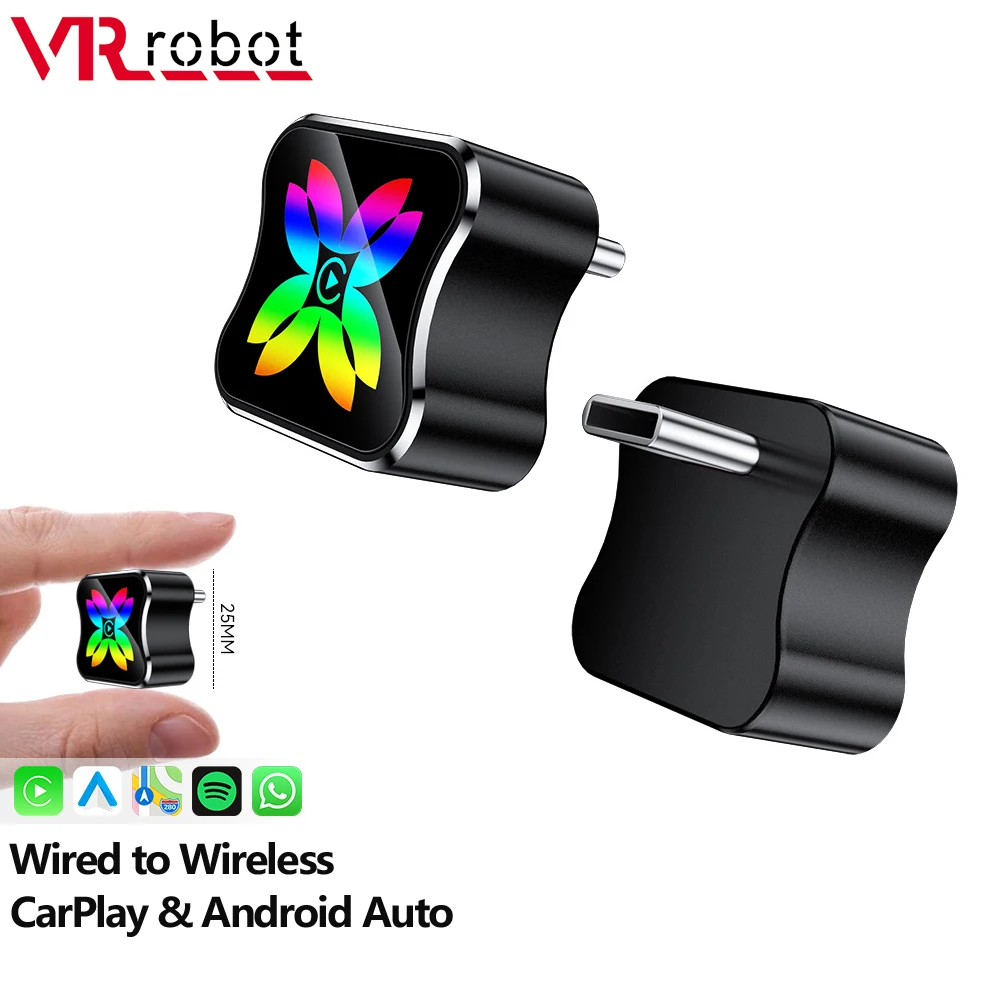 VRロボットUSB CワイヤレスCarPlayアダプター（Apple IOS、Android対応）2 IN 1プラグアンドプレイAndroid Auto AIスマートボックス（2018年以降の車用）