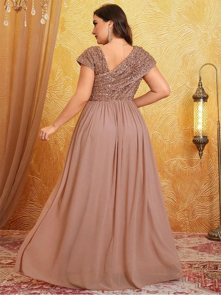 Plus Size Shiny Apricot Sleeveless Evening Chiffon Floor Floor Bridesmaid Dress Big Size Luxury Banquet Floor Floor Prom