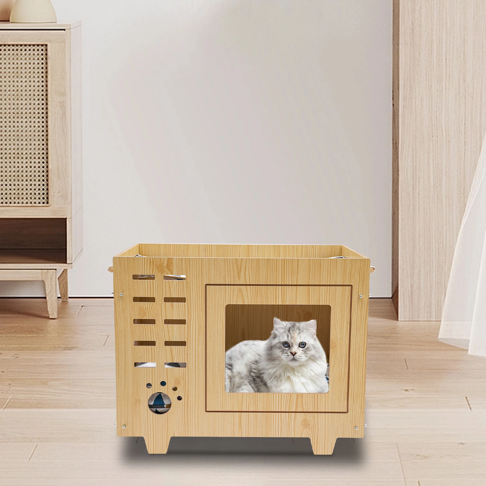 Cat House Outdoor Beige Splicing Floor Mounting Nest for Pets Four Seasons Wooden Boards Safety Ventilation 55 X 40 X 44 Cm