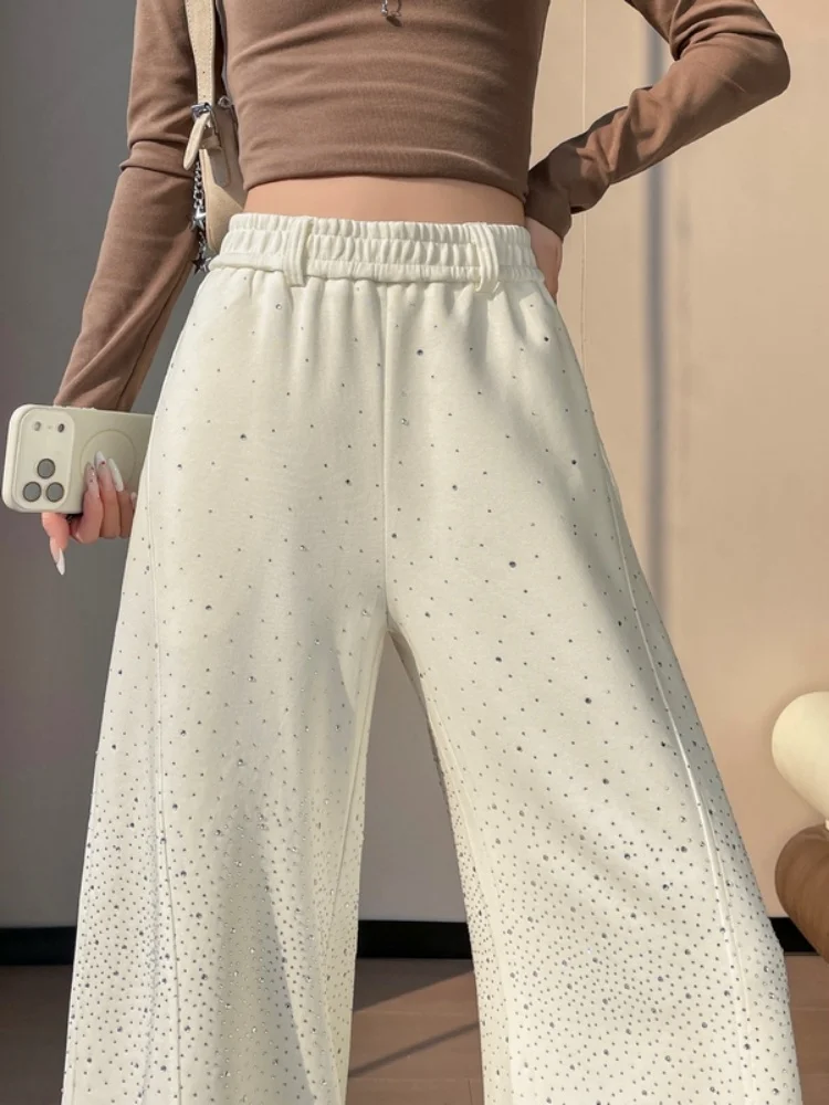 High Waist Wide Leg Pants Women's Autumn New Style Gold Embellished Straight Cut Trousers Korean Style Commute Pants