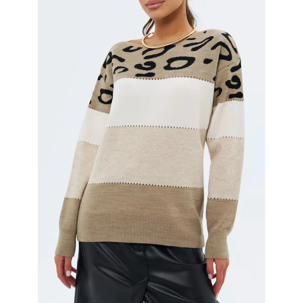Leopard Print Color Block Knit Sweater Boat Neck Long Sleeve Loose Fit Casual Fall Winter Warm Cozy Outerwear Pullover Top 2026